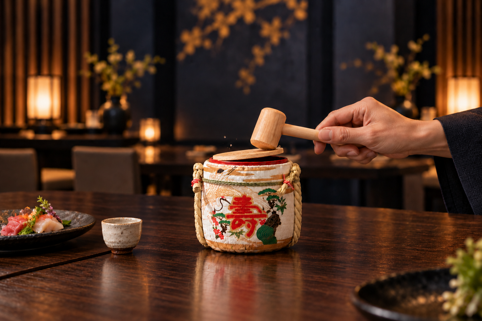 Kagami Biraki sake barrel being opened with a wooden mallet