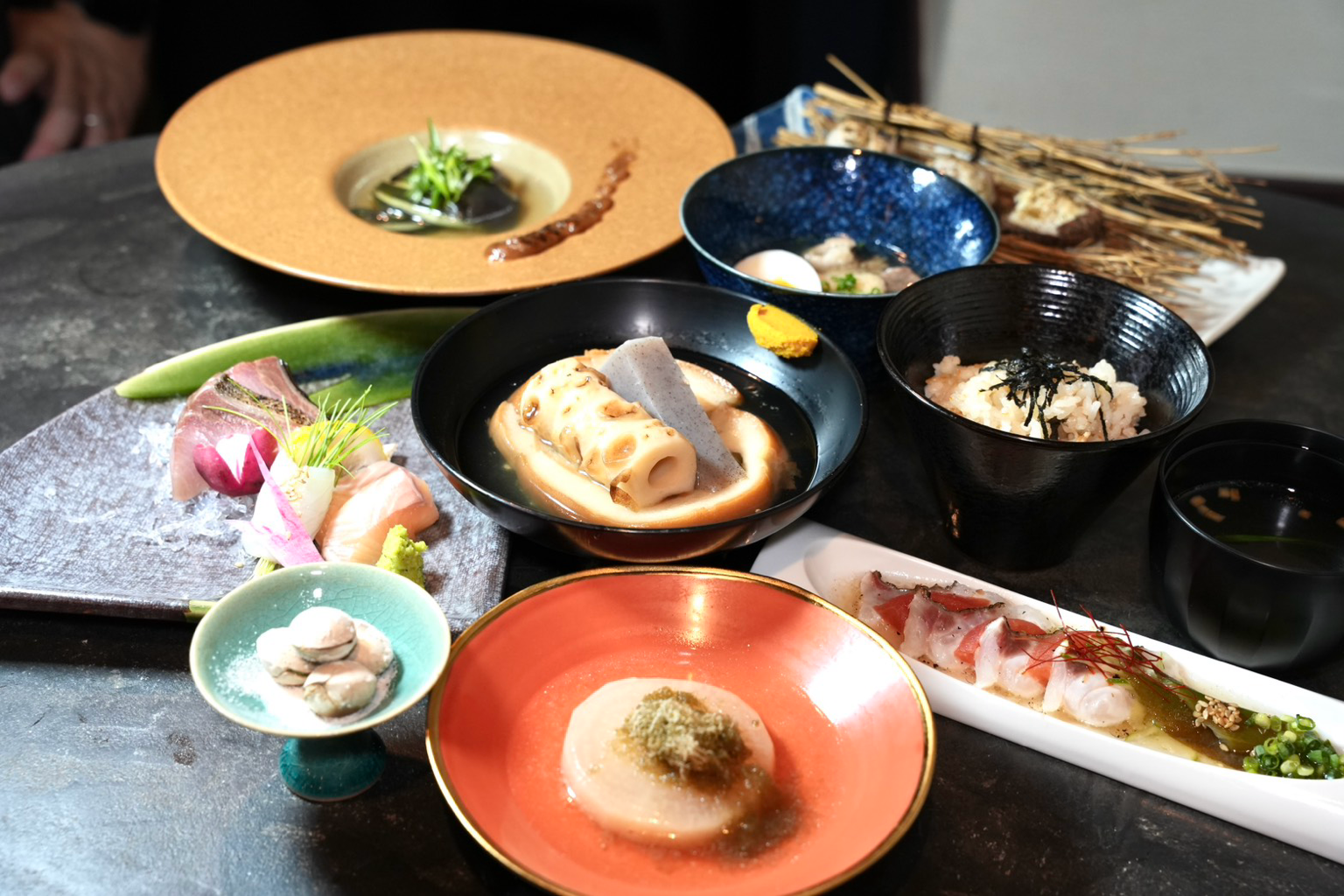 Seasonal Japanese set menu with Oden, sashimi and rice